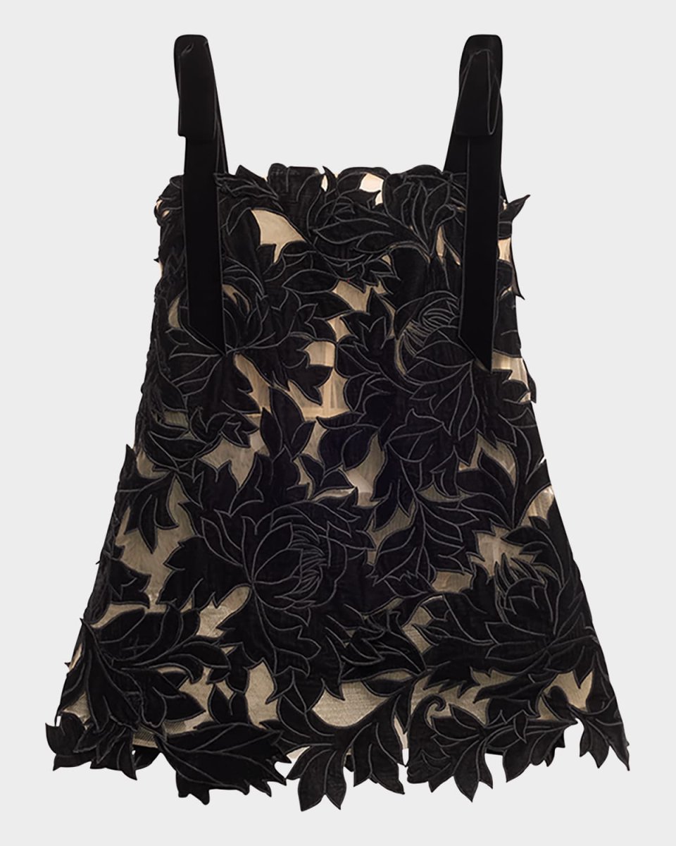 Peony Guipure Embroidered Bow-Strap Mini Dress